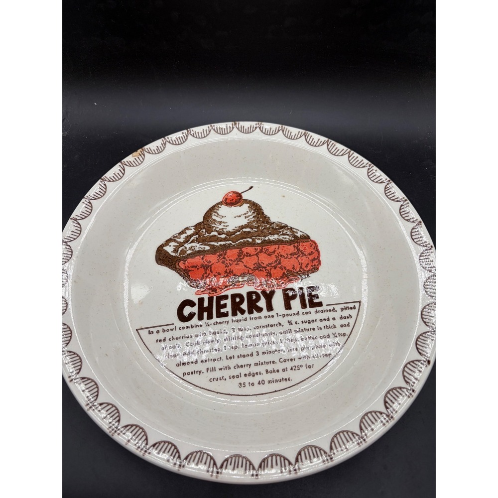 Vintage Cherry Pie Recipe Ceramic Pie Plate 10 Inch Speckled Stoneware Dish